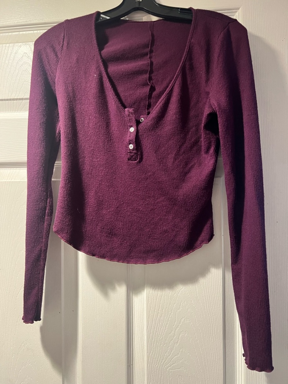 Free People Ribbed Long Sleeve Henley Top - Plum